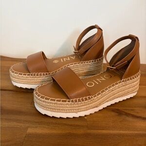 ANTONIO MELANI Brown Leather Espadrille Wedge Sandals with Ankle Strap